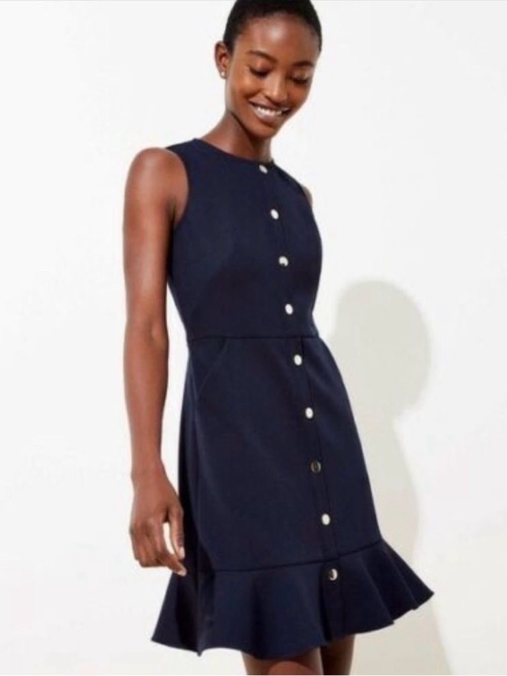 LOFT Navy Sleeveless Button-Front Ruffle Hem Dress